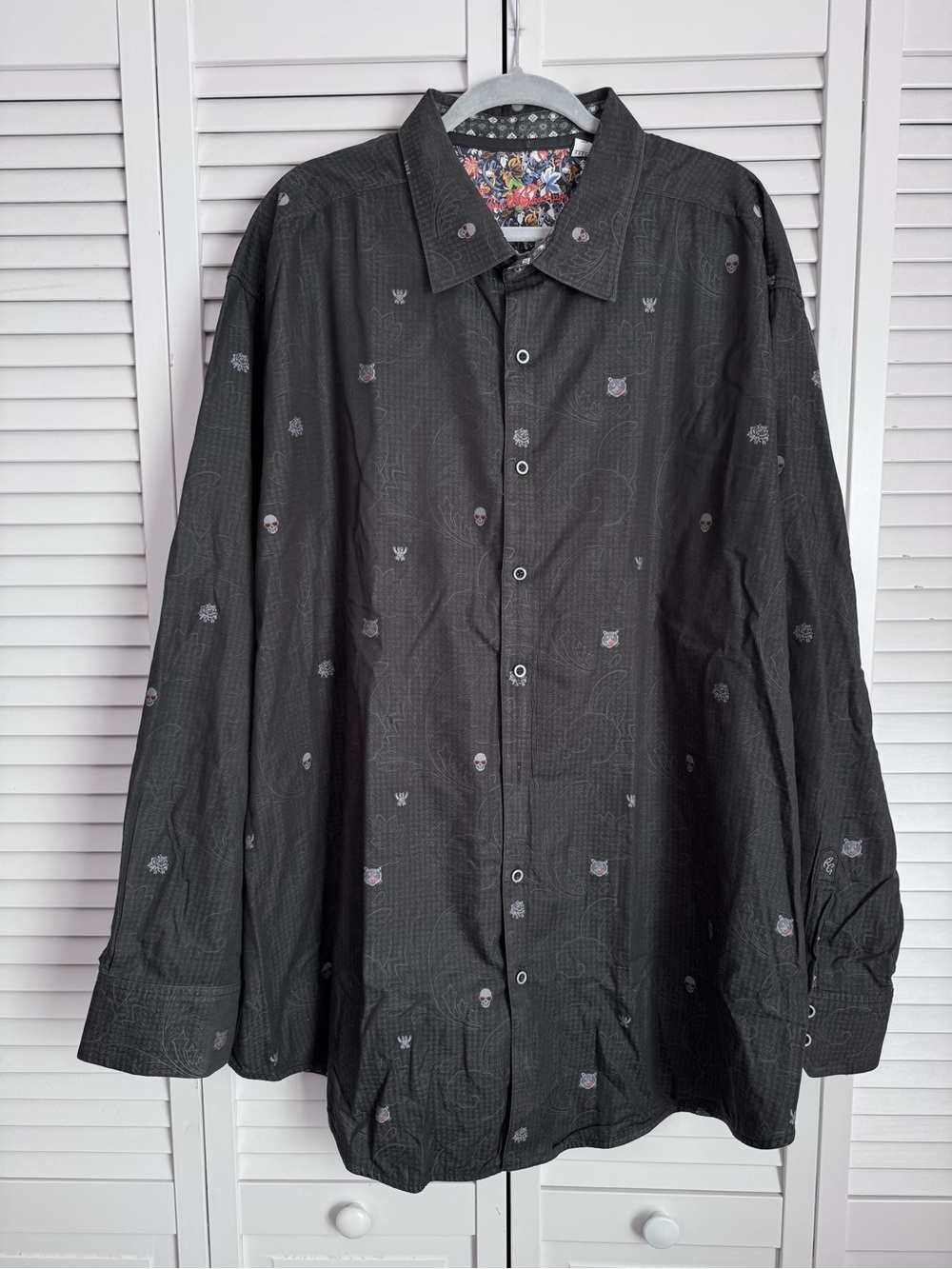 Robert Graham Men’s Button Down Shirt Paisley Scull Cotton Moto Charcoal 3XL